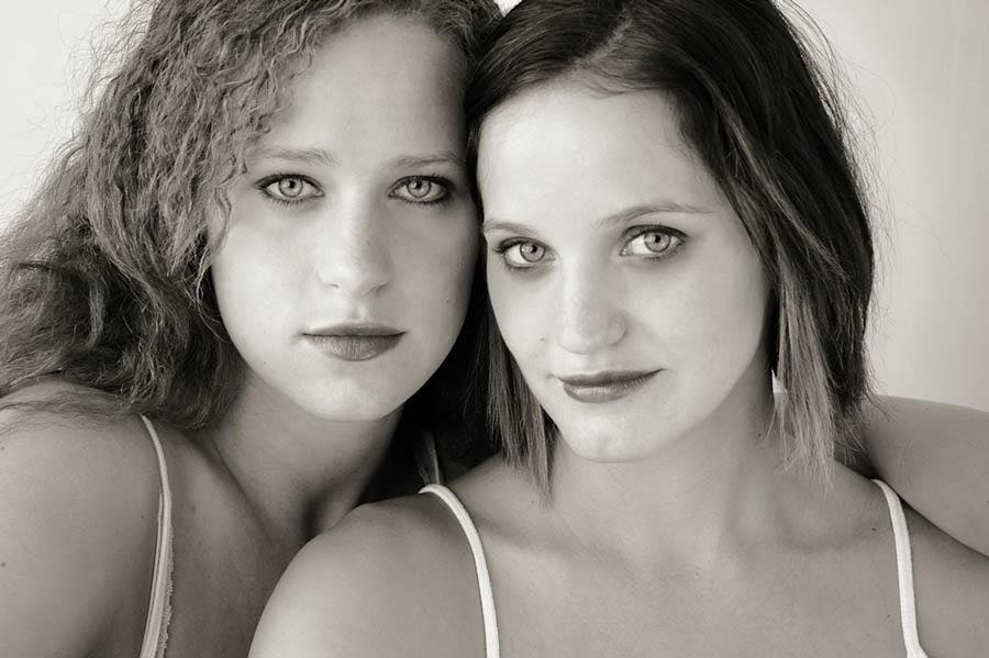 Portrait of two sisters in black and white