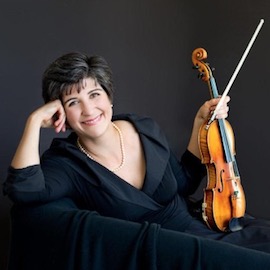 Publicity image of woman in black reclining with violin